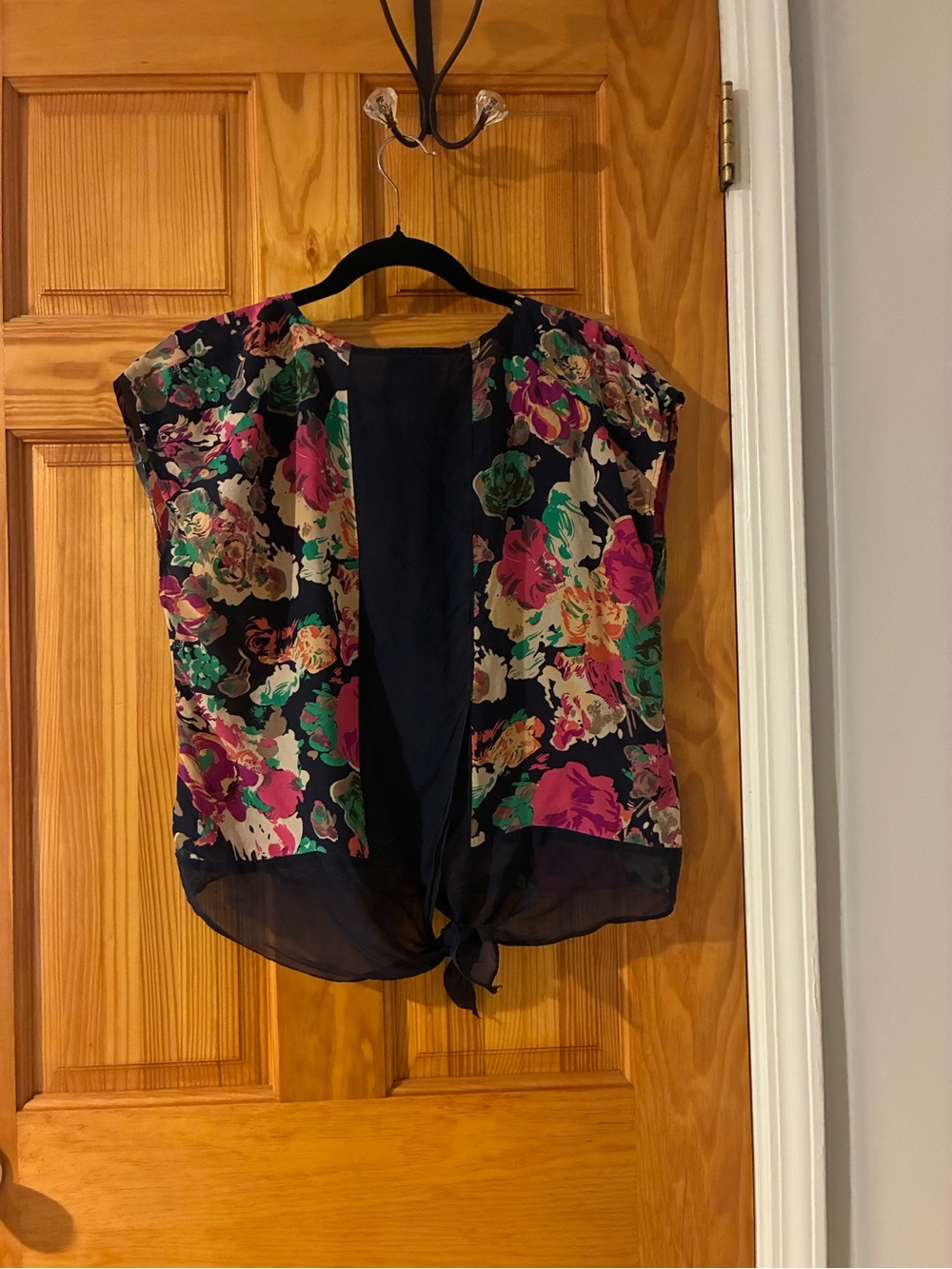 Maeve Silk Navy Floral Tie-Front Blouse with Pink & Green Accents - Picture 3 of 3